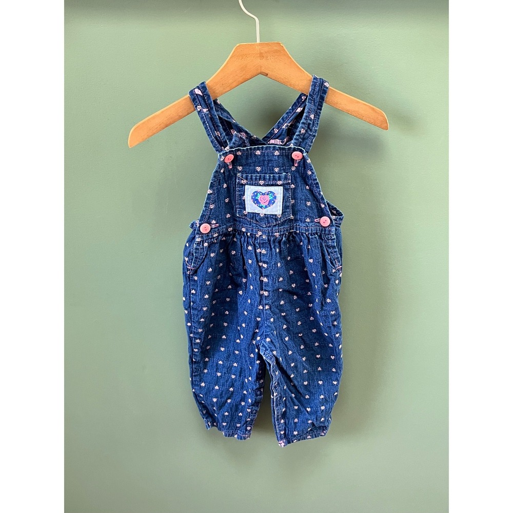 Liberty Vintage 90s Heart Print Denim Overalls Blue‎ Pink 18 Months Made in USA